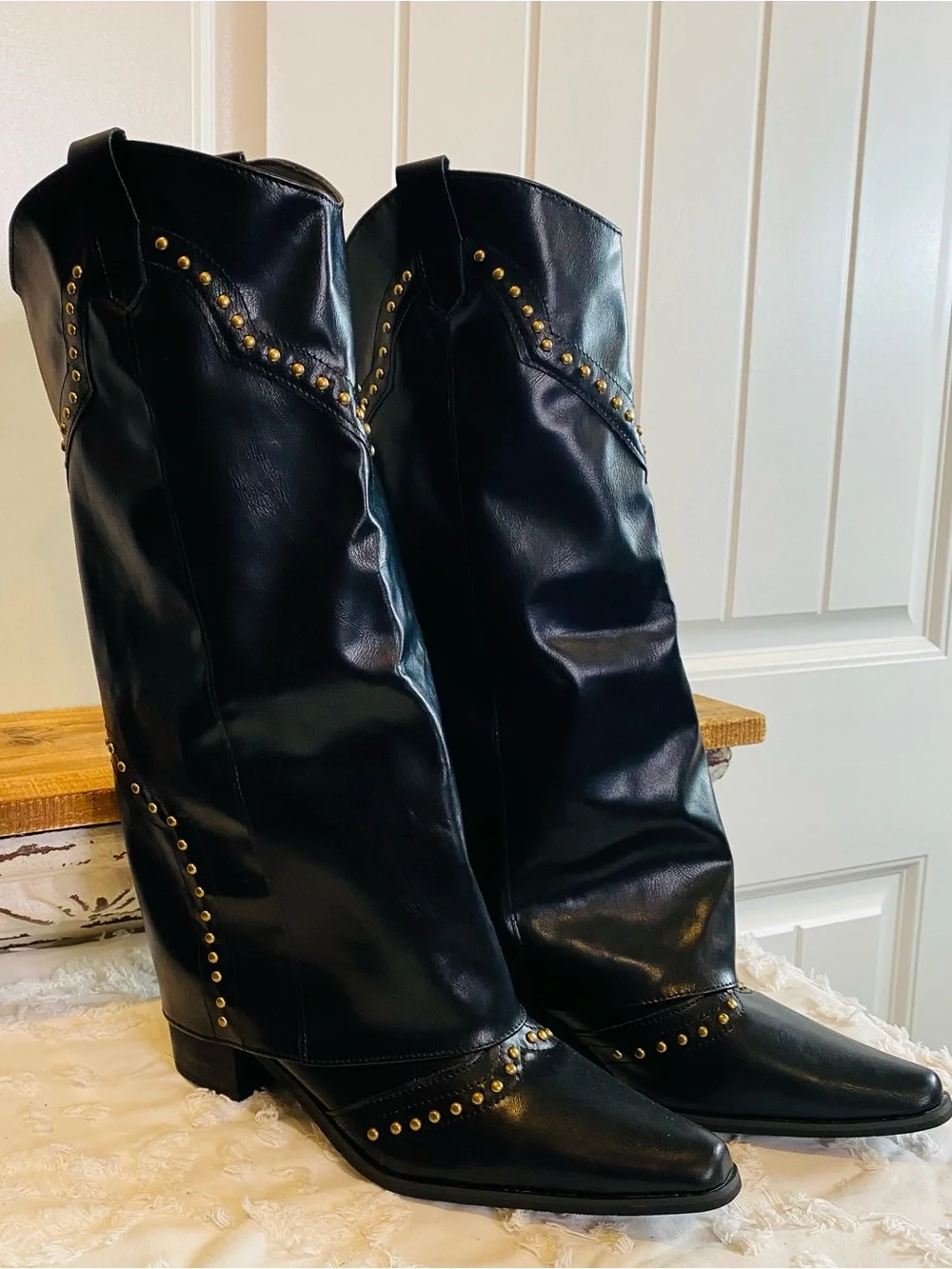 New!! Black Studded Western Knee-High Boots